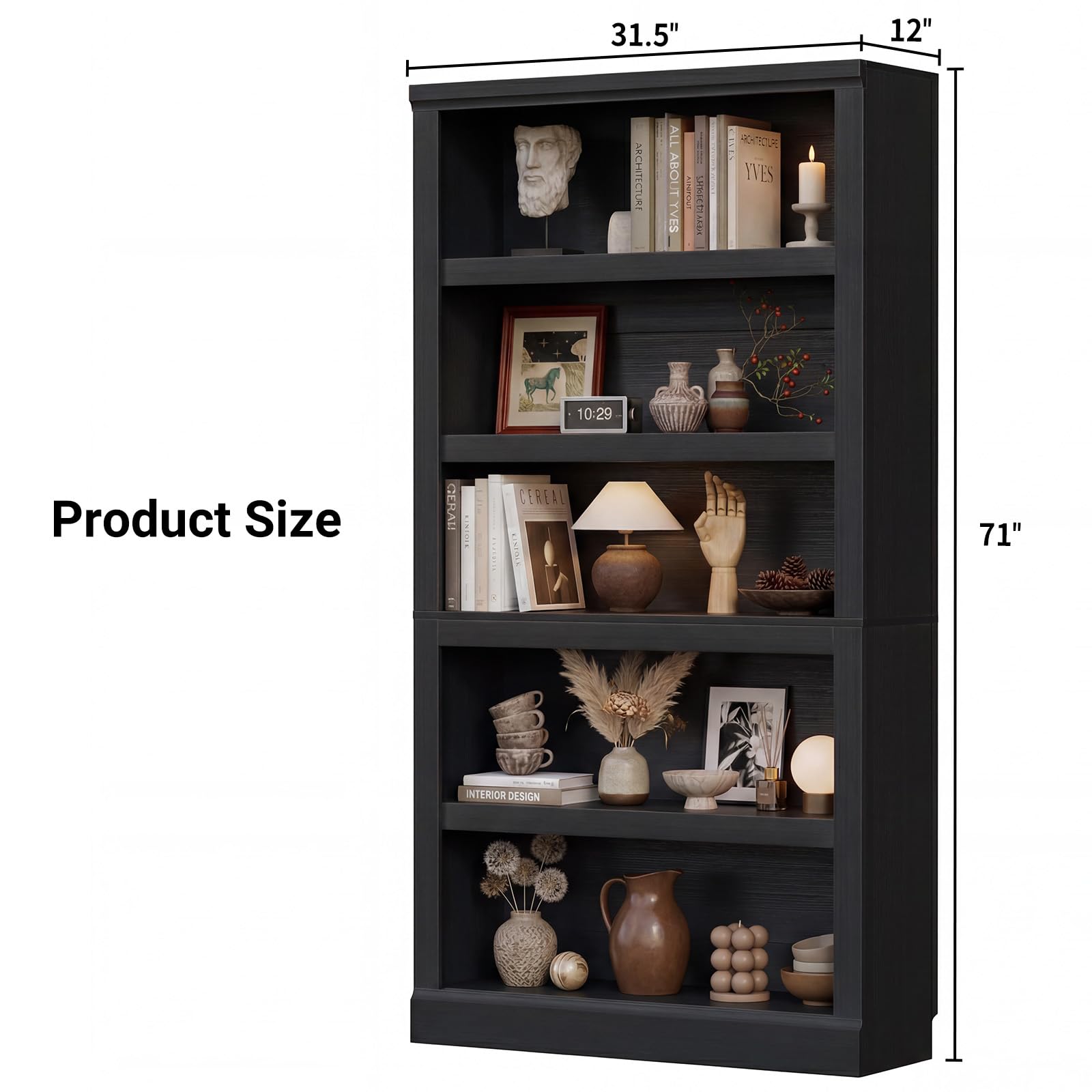 Unikito Bookshelf, 5 Tier Book Shelf, 71 Inch Tall Bookcase with Adjustable Shelves, Open Storage Book Case, Sturdy Display Shelf Stand, Large Bookshelves for Living Room, Home Office, Bedroom, Black