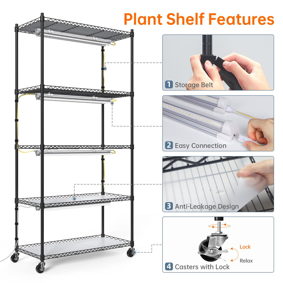 Bstrip 5-Tier Plant Shelf with Grow Light, 29.5x13.8x59in