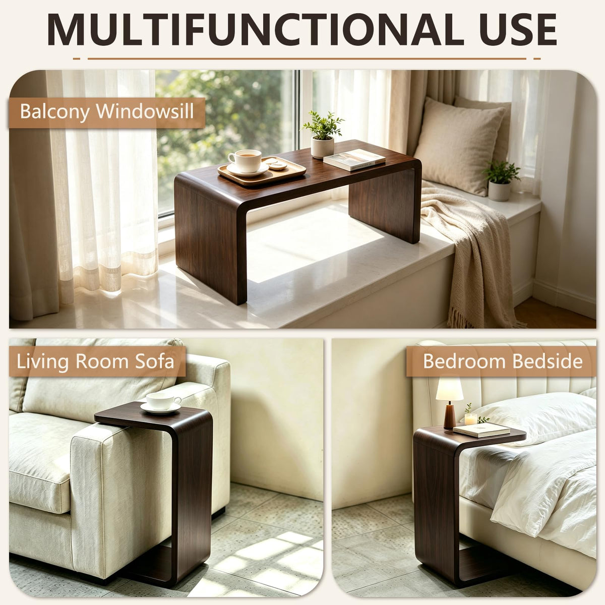 YIRCELOM Wooden C Shaped End Table, Couch Table, 24in W Walnut
