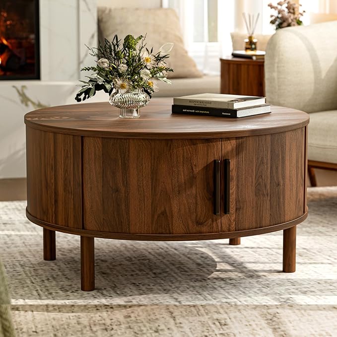 Round Coffee Table with Sliding Cabinet Doors