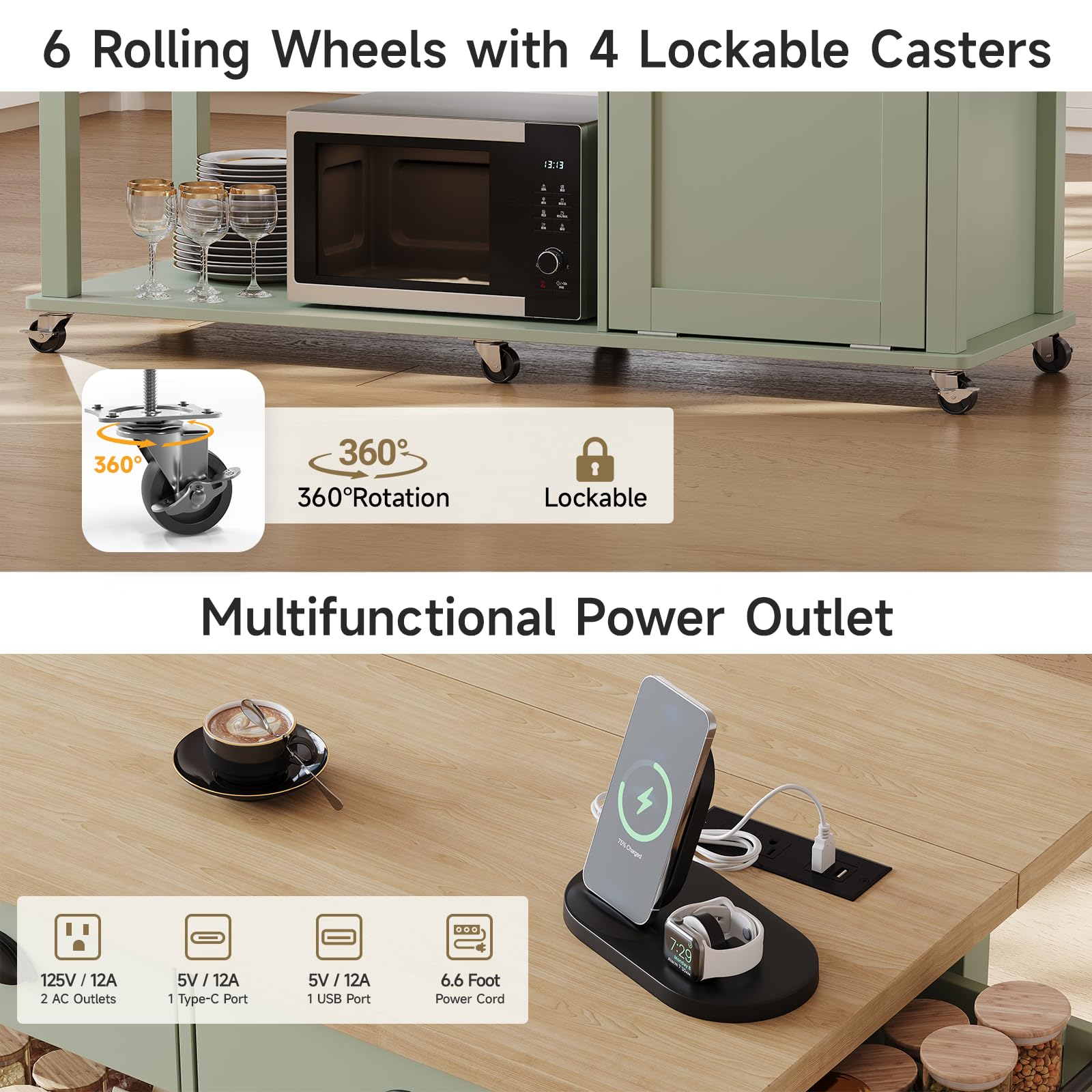 Rolling Kitchen Cart with Drop Leaf & Trash Cabinet