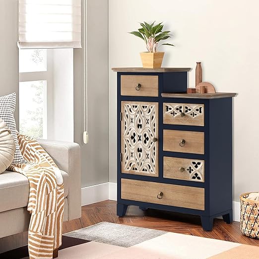 Vintage Accent Cabinet with 5 Drawers & Door – Carved Wood Storage Dresser