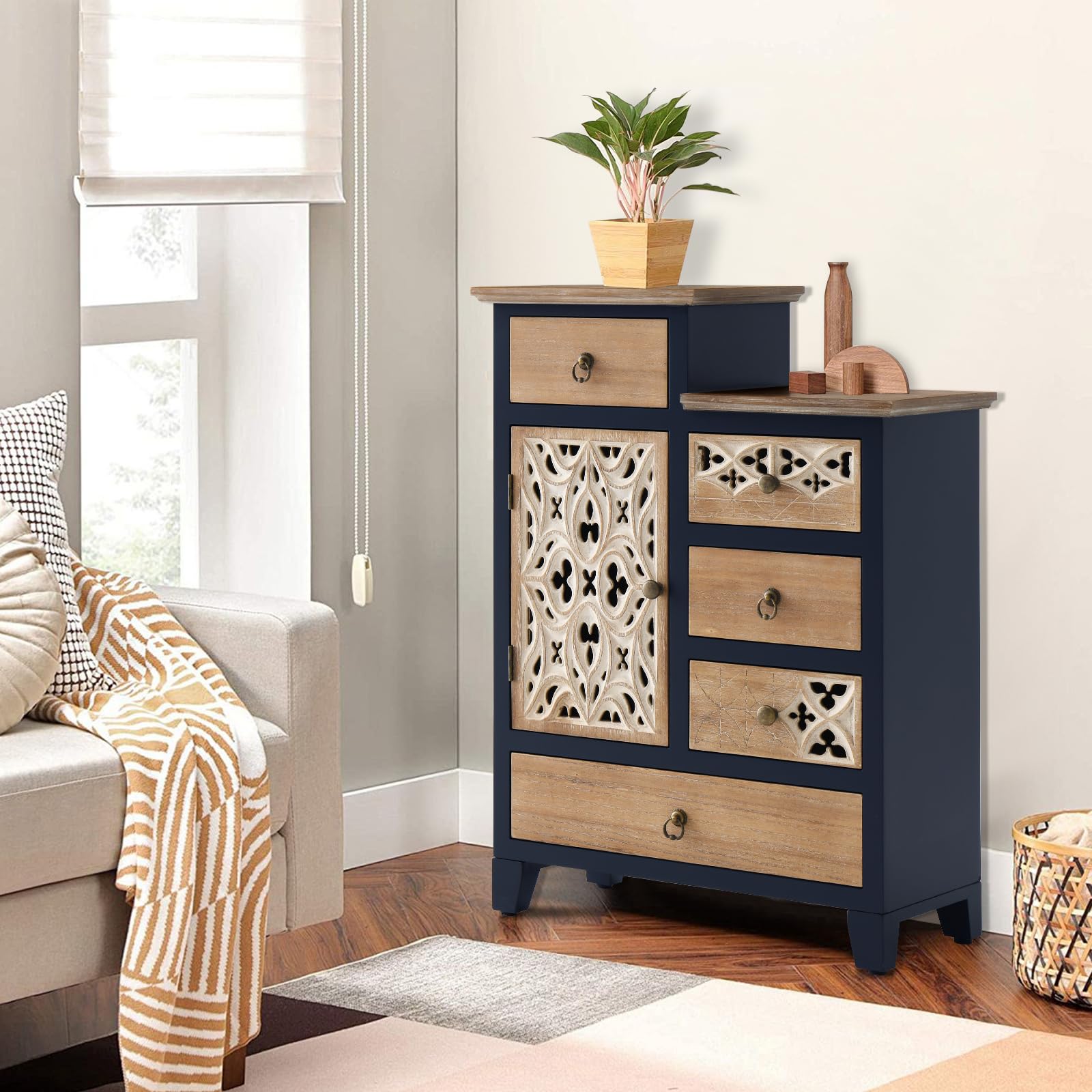 Farmhouse Accent Chest with Carved Door & 5 Drawers