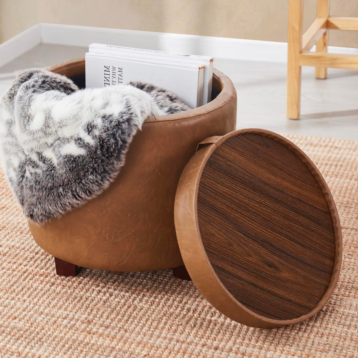 Round Storage Ottoman with Tray