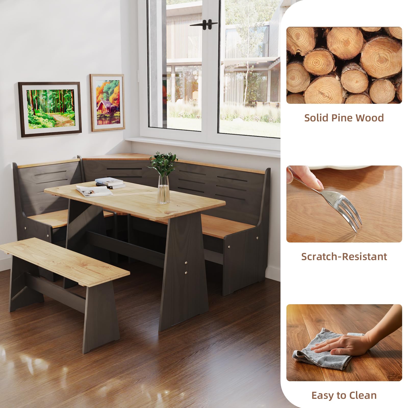 Gracava Breakfast Nook Table Set - L Shaped Corner Solid Wood Kitchen Dining Table with Bench Space Saving Seats 4-6 for Apartment 丨 Black