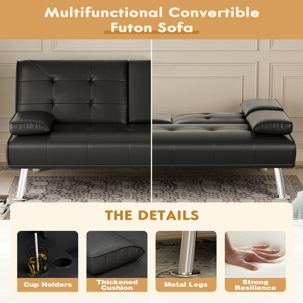 Black Faux Leather Futon Sofa Bed