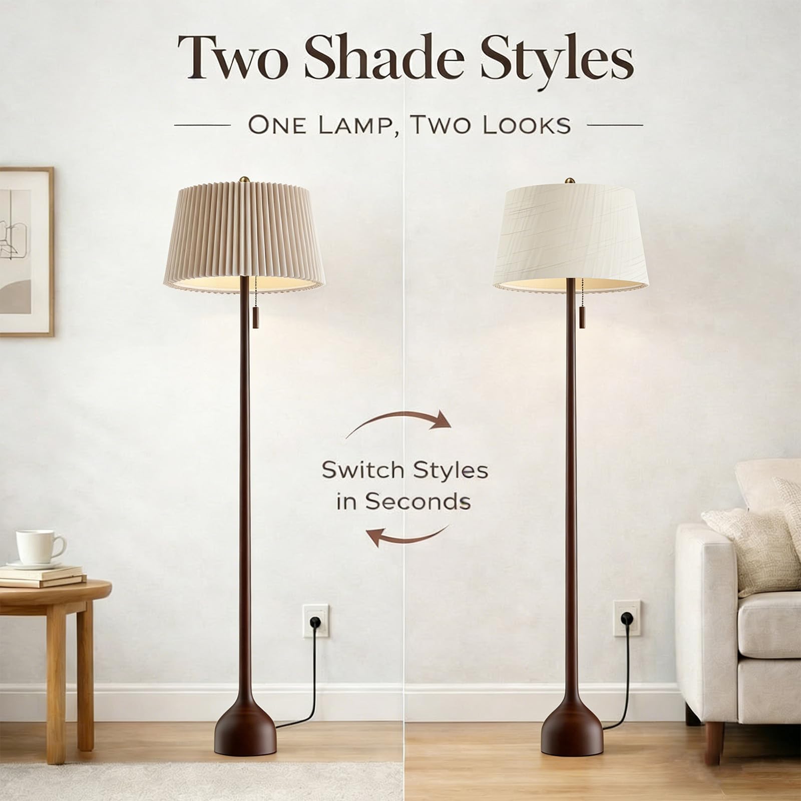 Mid-Century Modern Wood Floor Lamp with Dual Shades