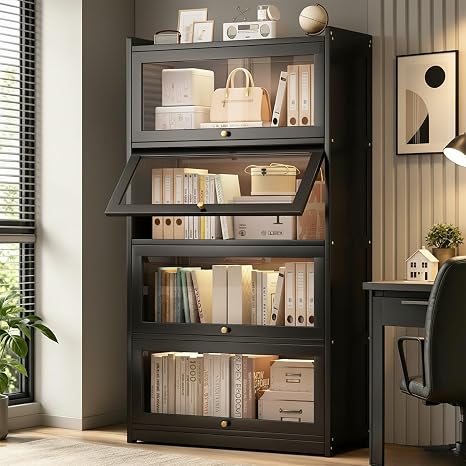 Bamboo Bookcase with Flip-Up Acrylic Doors, 4-Tier Freestanding Display Shelf
