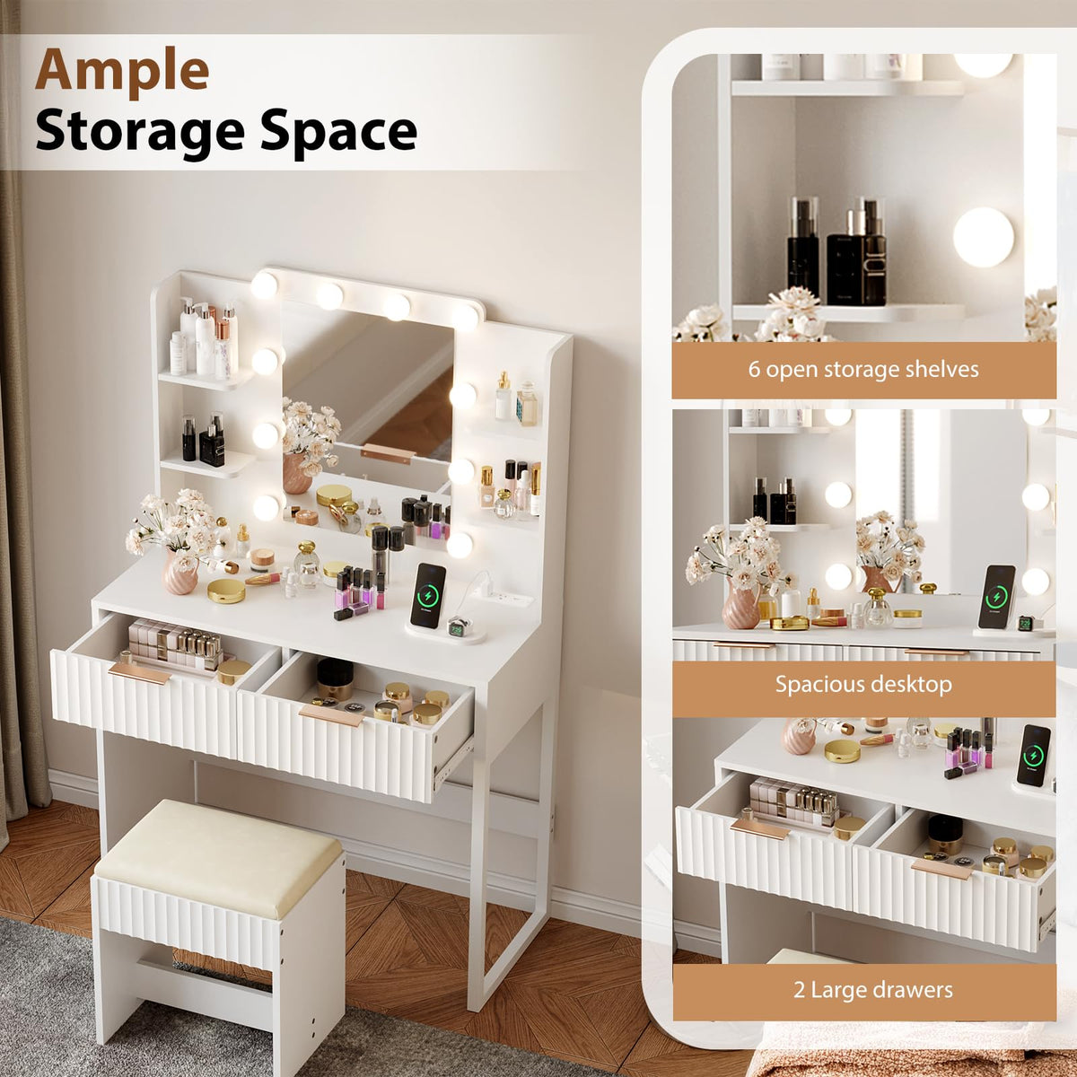 VINGLI Fluted Makeup Vanity Desk with Mirror and Lights and Stools, Small Vanity Table with Bench Chair & 2 Drawers & 4 Storage Shelves, White Dressing Table Set for Girls Bedroom