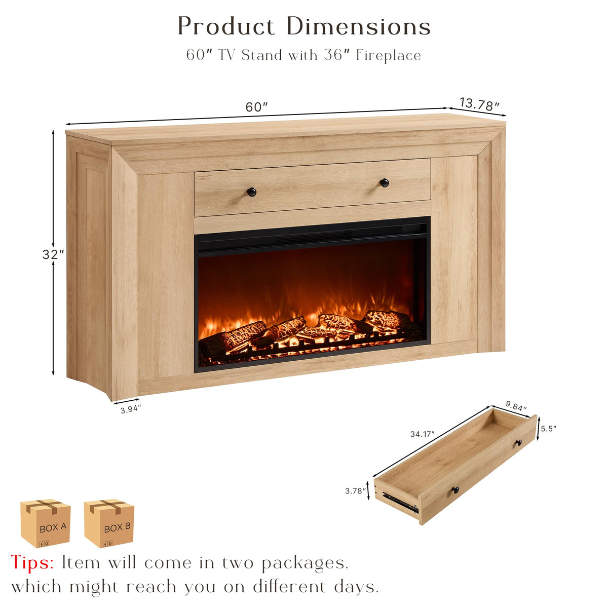 60" Electric Fireplace with Mantel,TV Stand with 36" Electric Fireplace