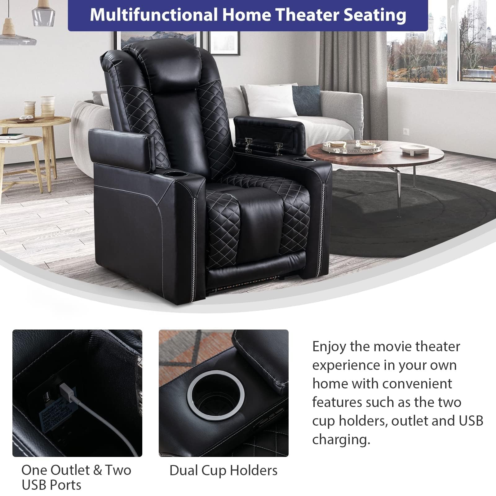 Power Electric Recliner Chair with USB Ports & Cup Holders
