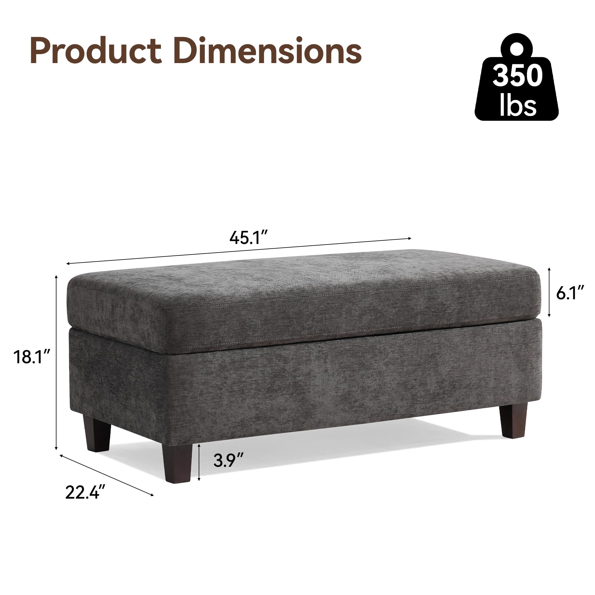 45 Inch Large Storage Ottoman Bench with Wooden Tray Coffee Table, Dark Grey Chenille Upholstered Foot Rest, Multifunctional Foot Stool Ottoman for Living Room, Bedroom & Entryway, Solid Wood Legs