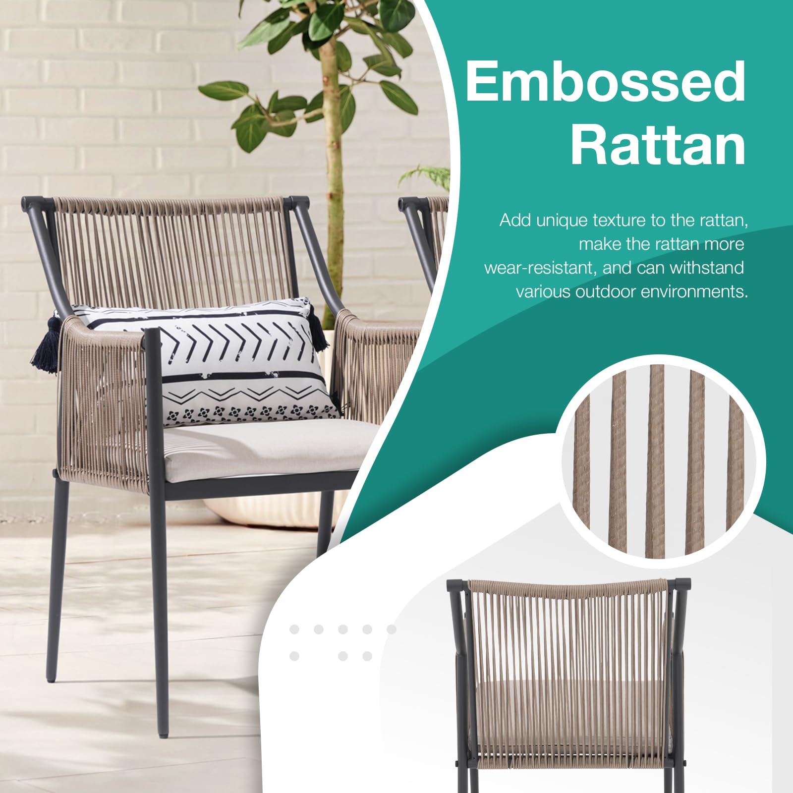 Patiorama Outdoor Dining Chairs Set of 2, Woven Rope Patio Dining Chairs, All-Weather Embossed Wicker Rattan Chairs, Outdoor Patio Chairs with Cushion & Integrated Armrest for Backyard, Light Beige