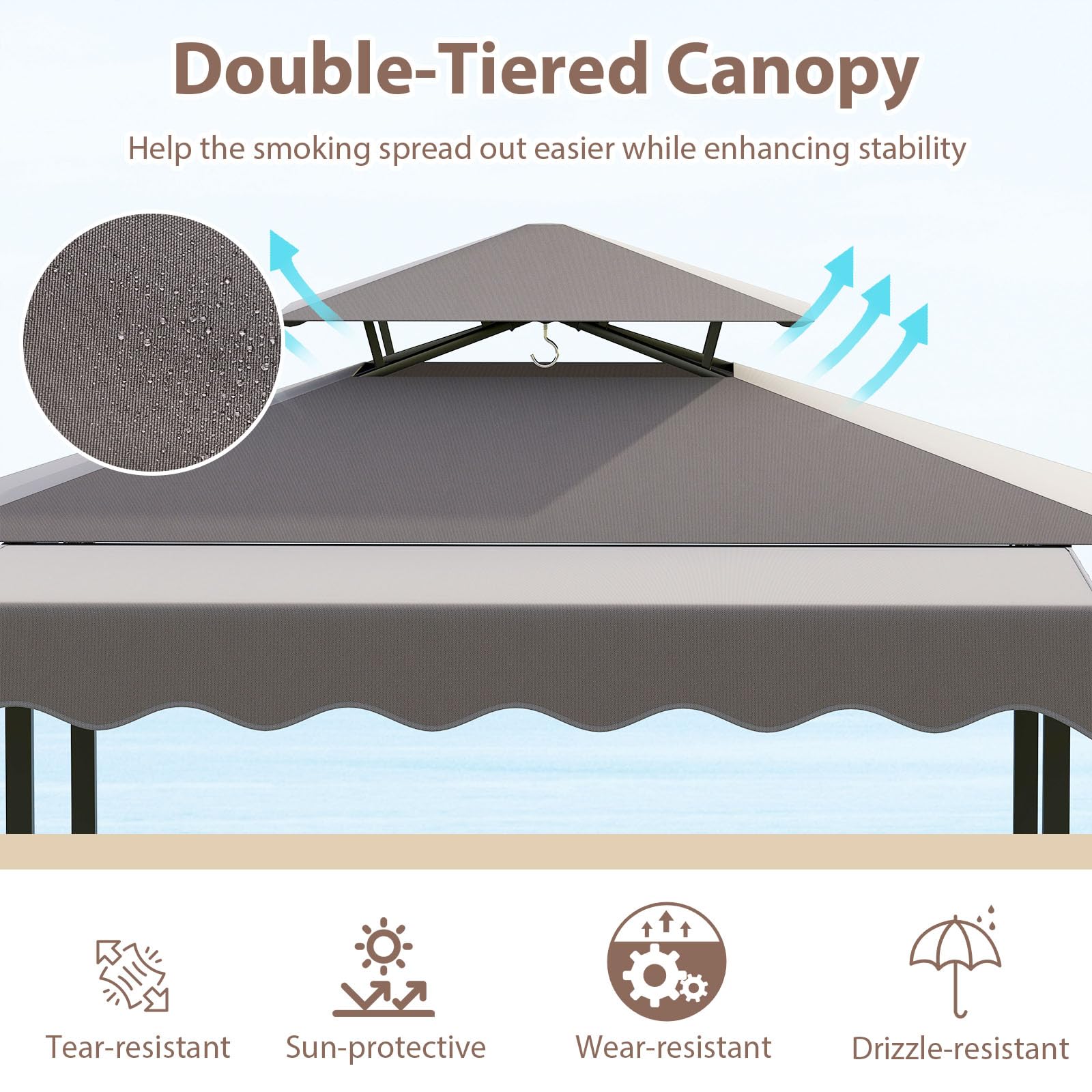 Tangkula 3 Piece Patio Bar Set, Grill Gazebo & 2 Foldable Bar Stools with Awning, Metal Storage Shelves, Glass Holders, Double-Tier Outdoor Shelter for Patio Poolside Garden Backyard (Gray)