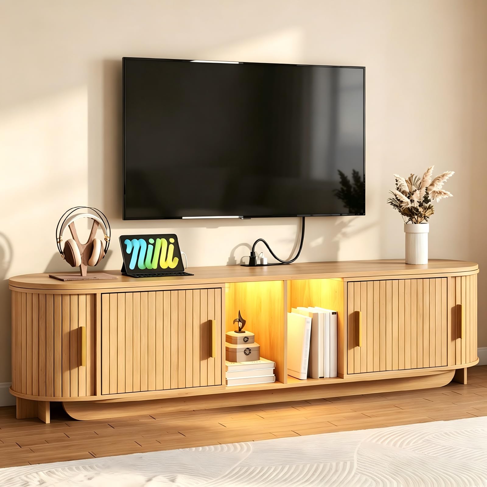 STHYTON Fluted TV Stand, Extendable TV Console with Power Outlet & LED Lights, Modern Entertainment Center with 2 Sling Doors for TVs up to 70", Storage Organizer, for Living Room and Bedroom, Natural