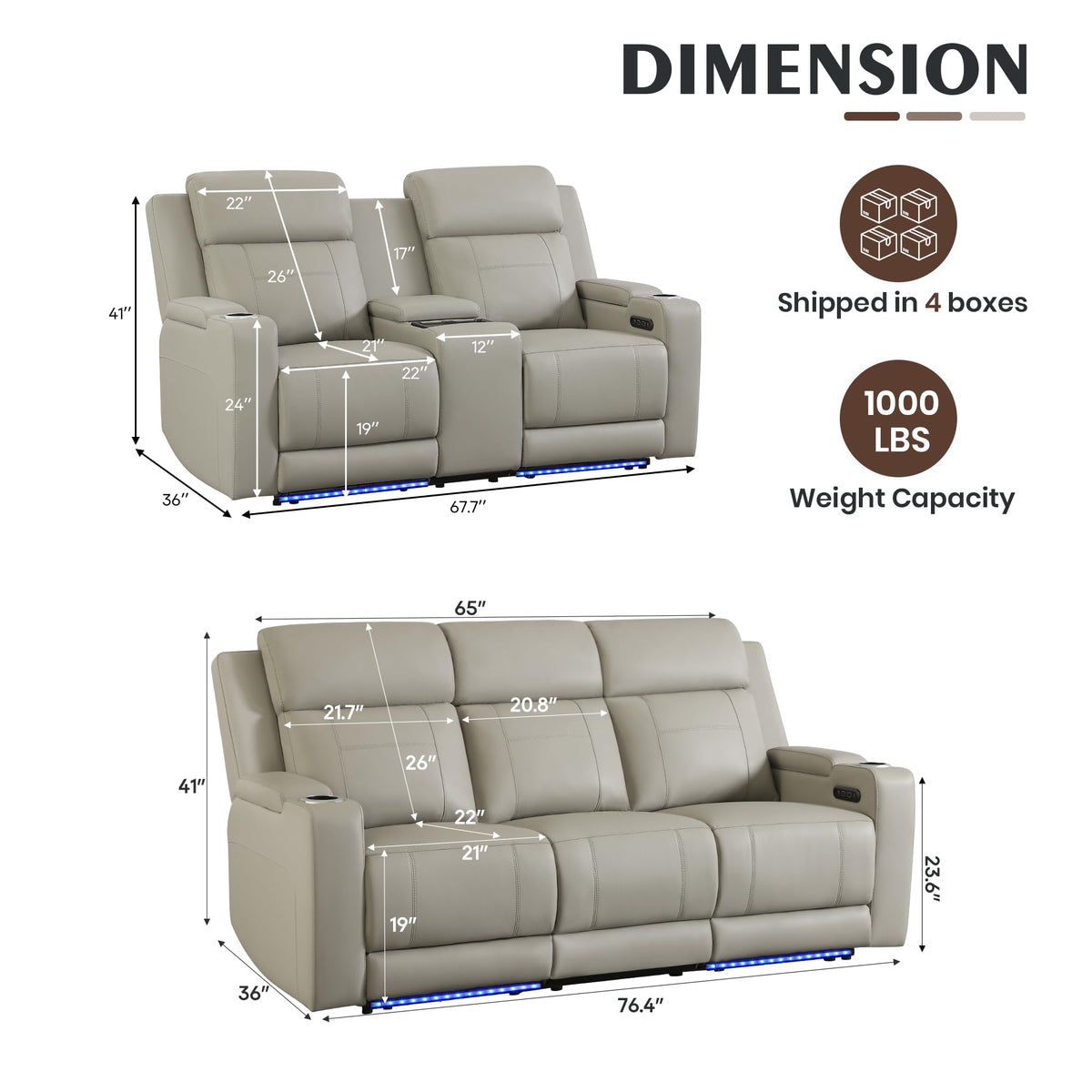 Netpane Breathable Leather Power Recliner Sofa Set with LED, Power Reclining Sofa and Loveseat Set with Adjustable Headrest/Wireless Charger/Storage Console for Living Room (Grey)