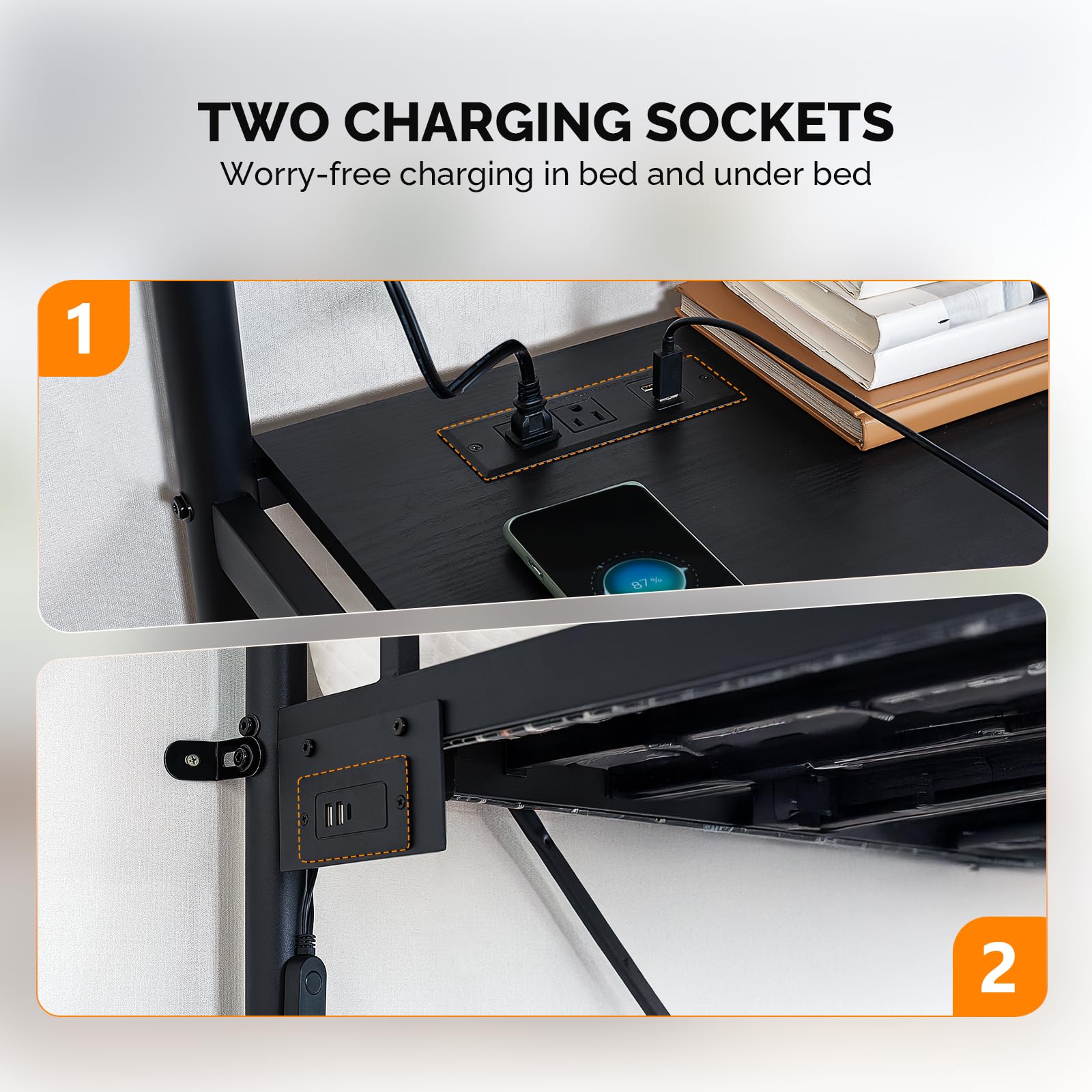 Metal Loft Bunk Bed with Desk, LED Lights & Charging Station