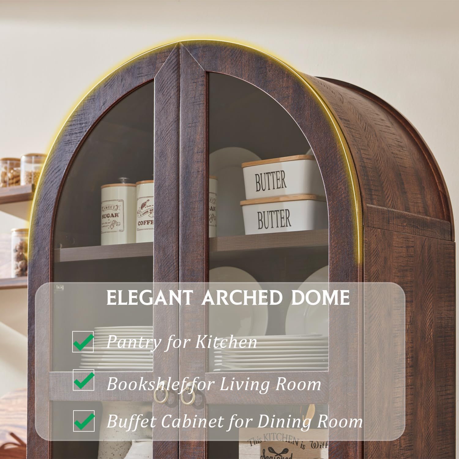 Tall Arched Kitchen Pantry Cabinet with Glass Doors