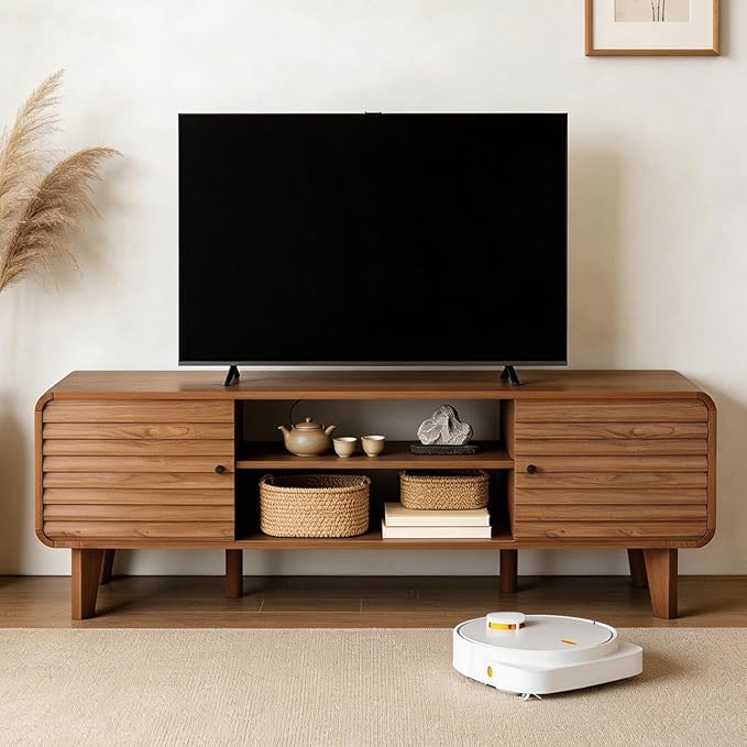 Mid-Century Modern TV Stand with Fluted Door Cabinets