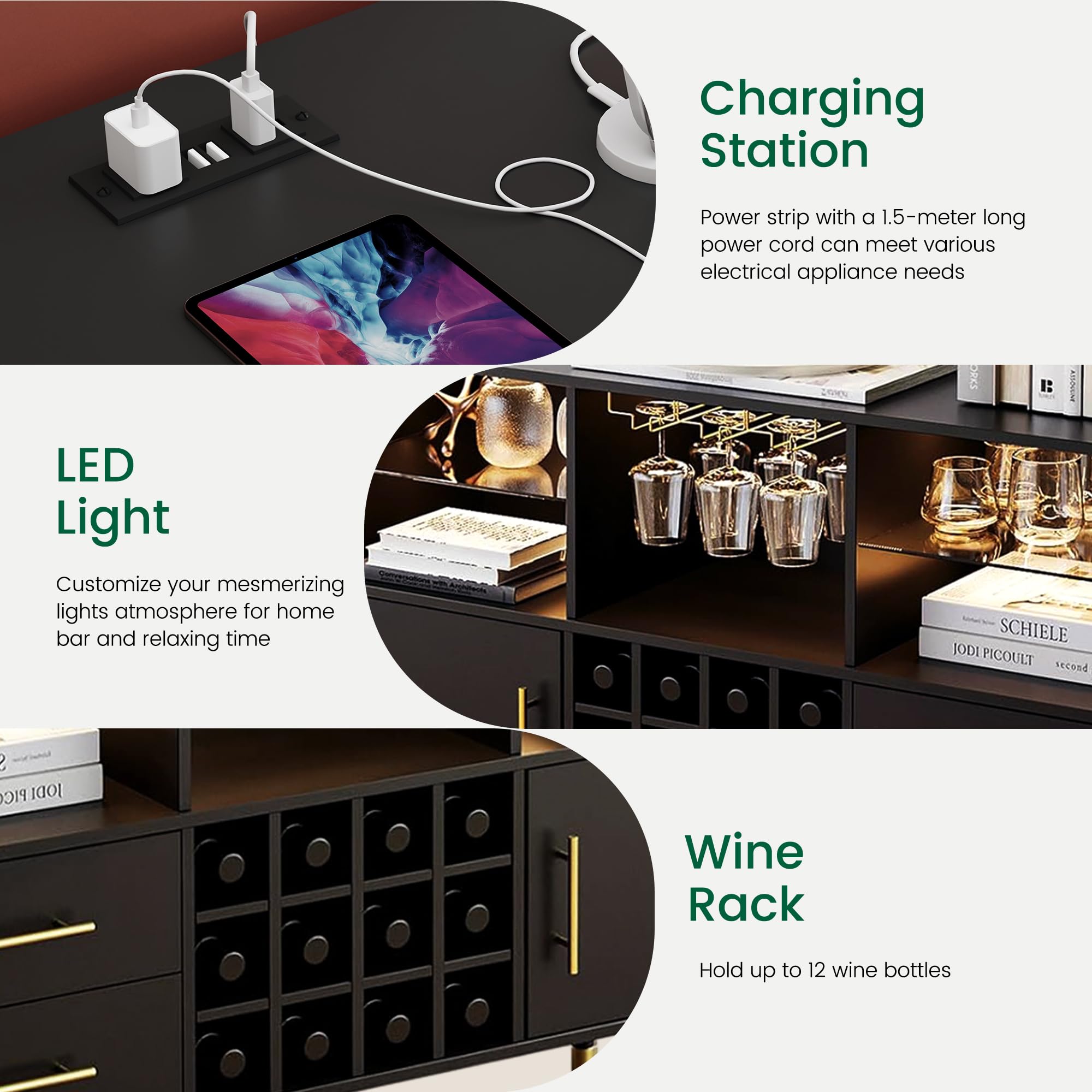 LARMACE 47.2" Modern Wine Bar Cabinet with LED Lights, Liquor Cabinet with Doors and Storage, Coffee Bar Station and Buffet Sideboard for Home Bar,Kitchen,Living Room,Black