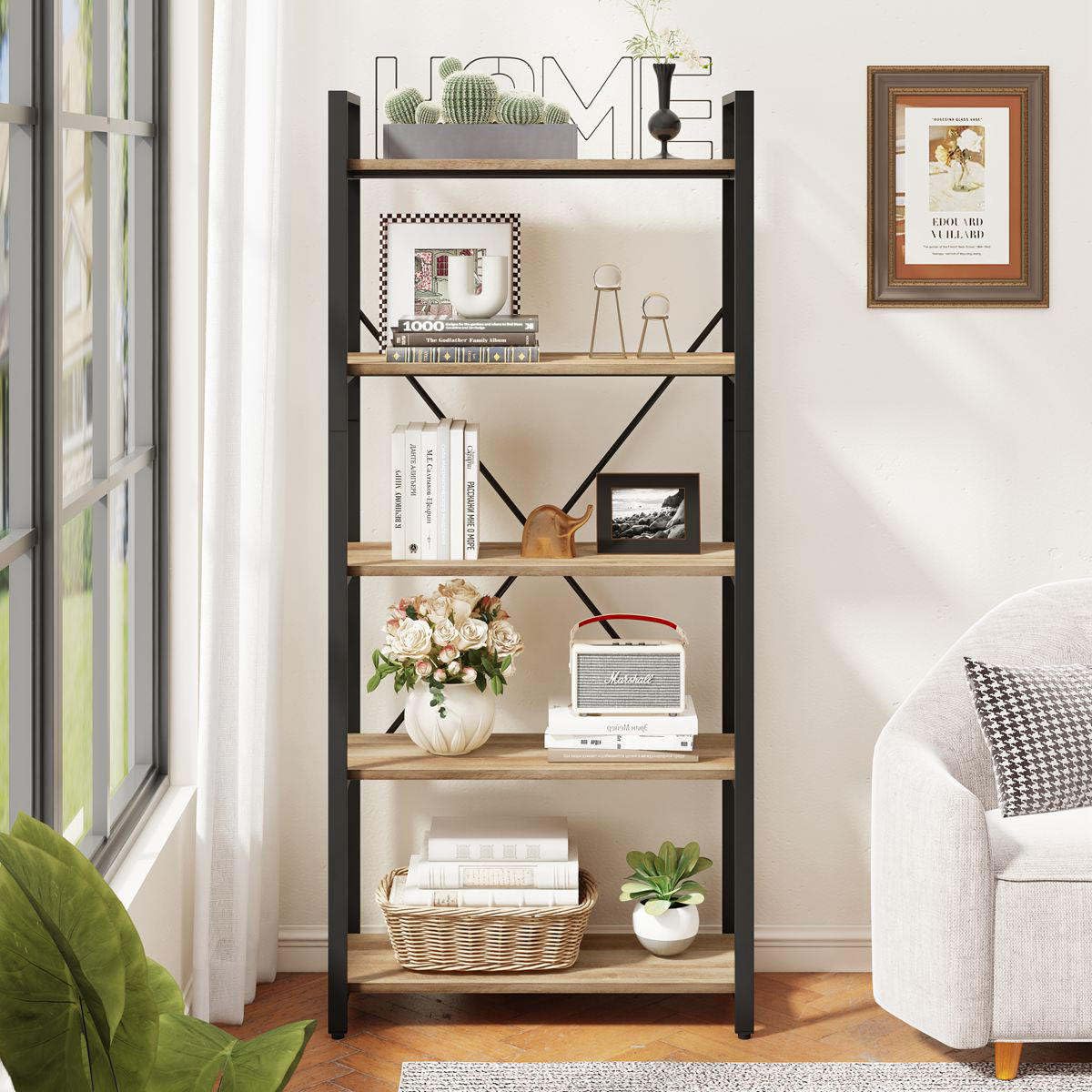5-Tier Industrial Bookshelf with Metal Frame