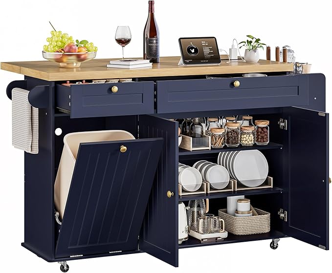 60" Rolling Kitchen Island with Power Outlet & Drop Leaf