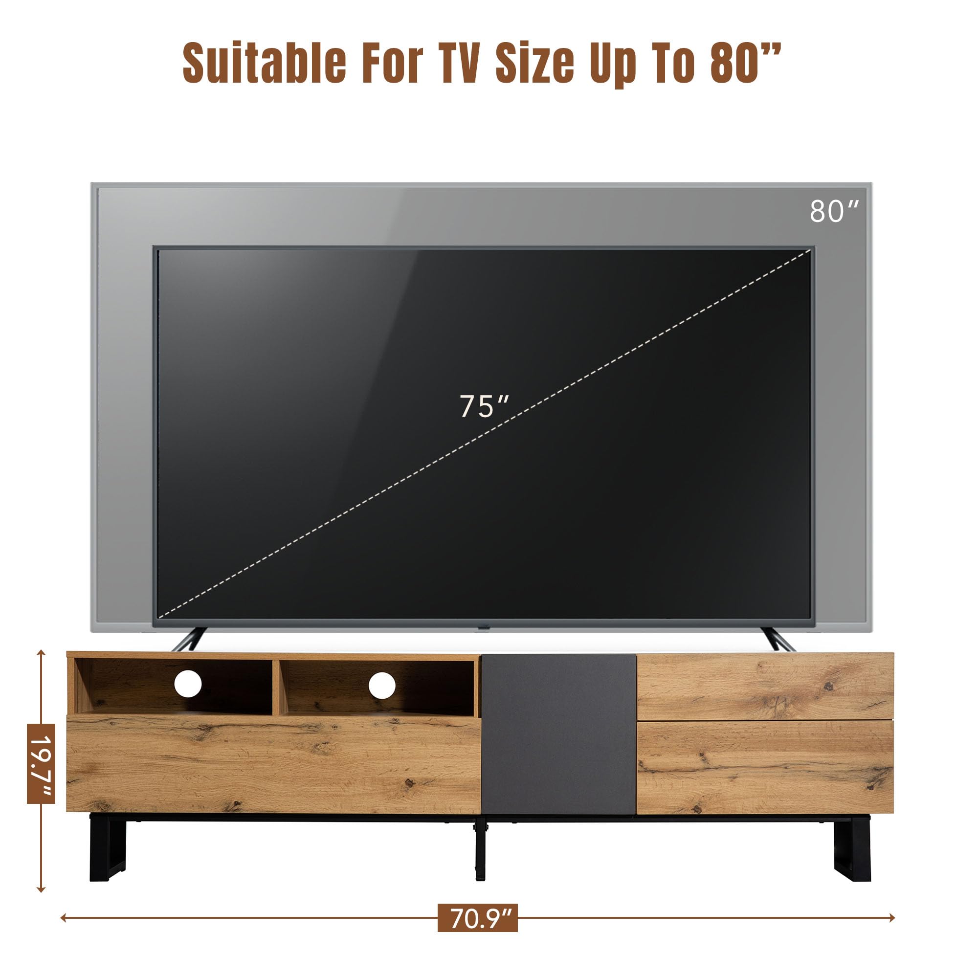 70" TV Stand with 3 Cabinets & Open Shelf