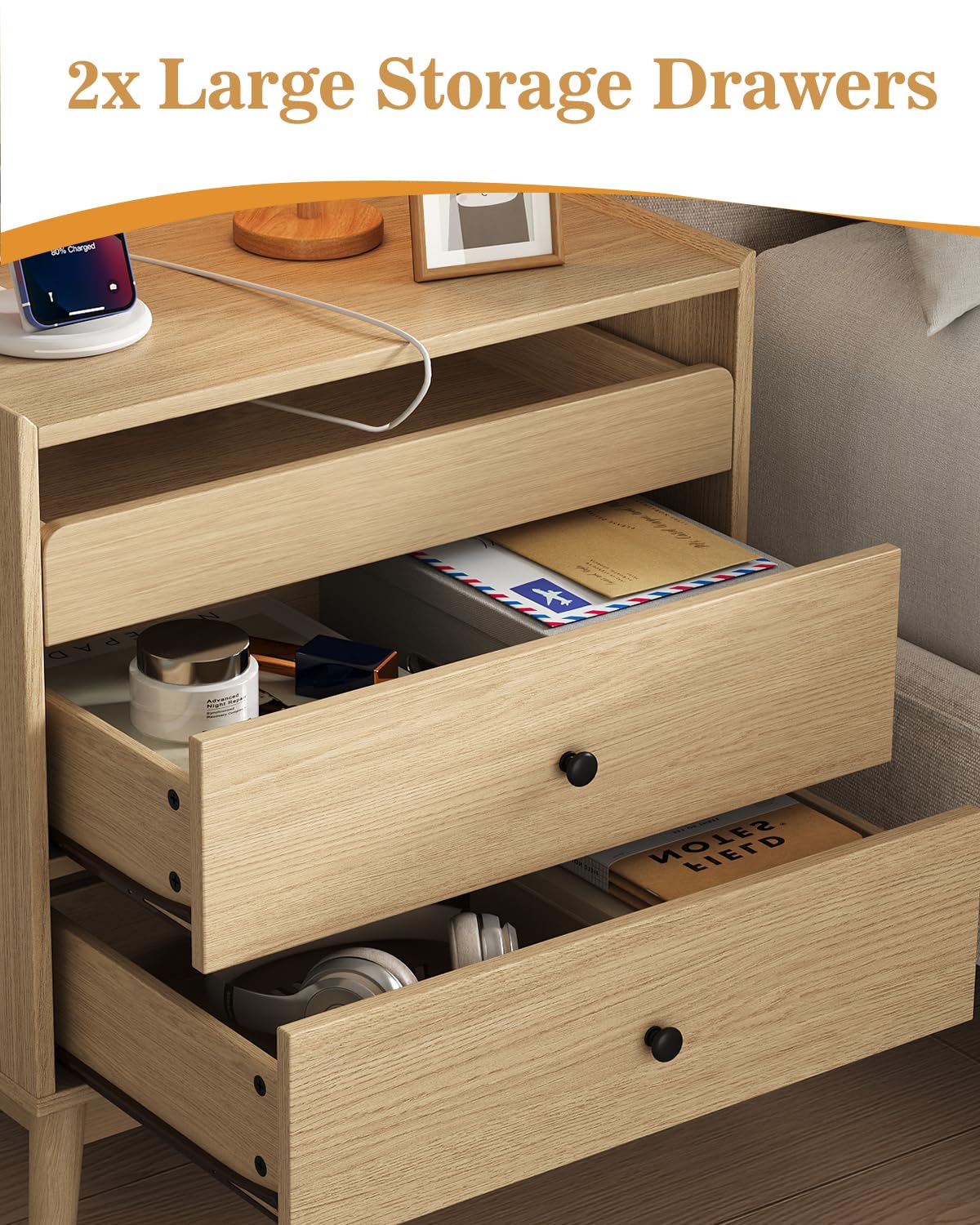 24" Wide Nightstand Set of 2, Hidden Charging Station, 2 Drawers Night Stand with Pull-Out Shelf, Modern Beside End Table for Bedroom, Living Room, Closet, Natural Wood