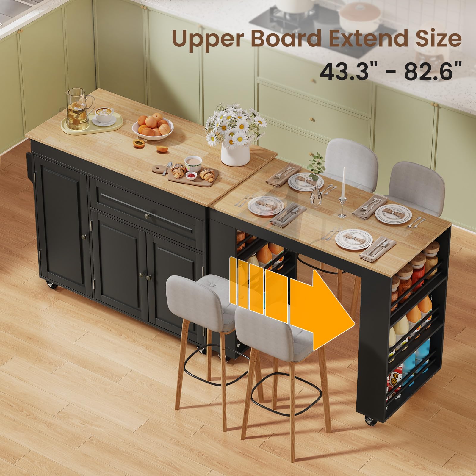 Rymeera 83" Expandable Kitchen Island on Wheels with Storage & Dining Table, Mobile Kitchen Cart with Cabinet, 3 Shelves & Drawers, Black (Extends from 48.4" to 82.6") (Black)
