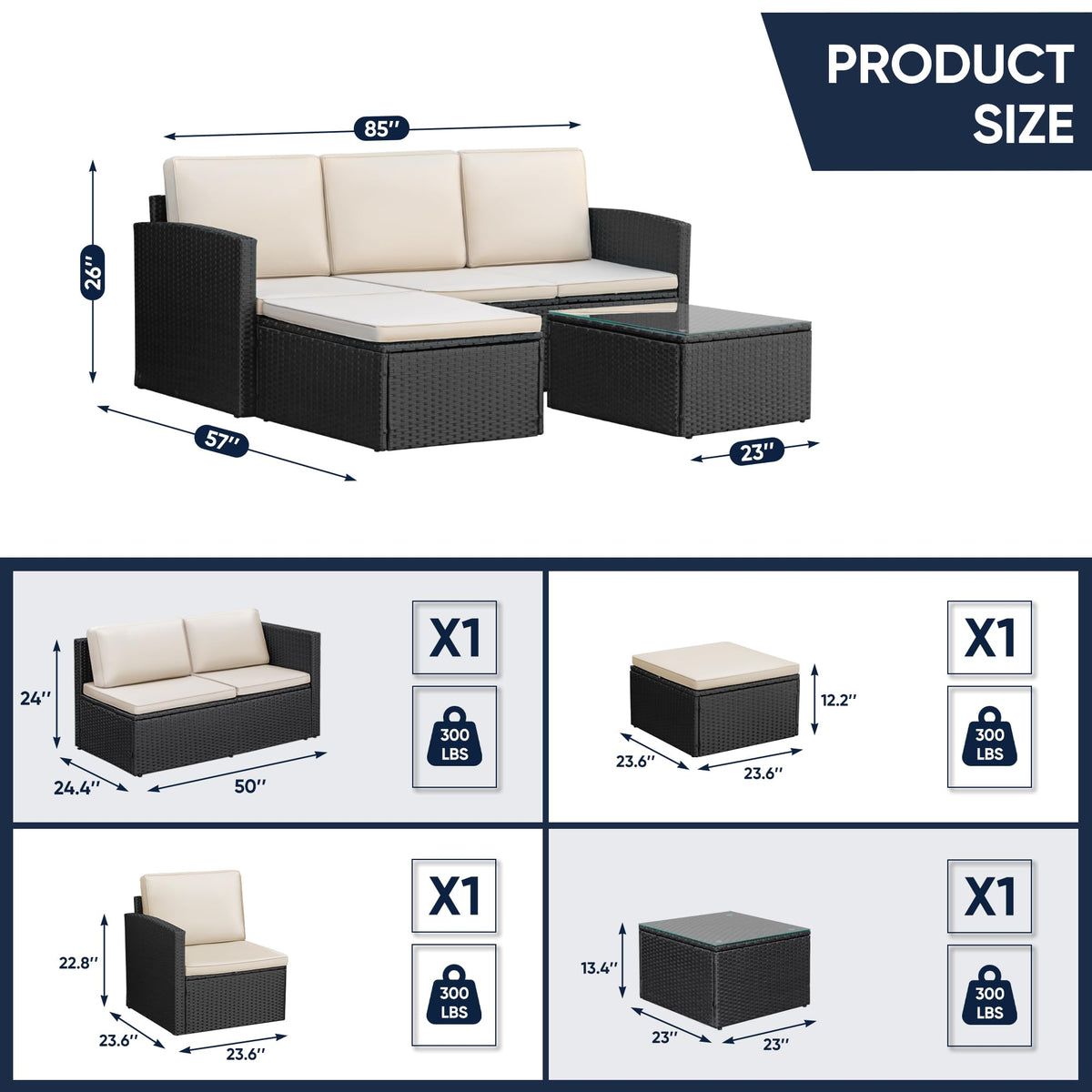 Greesum 3 Piece Patio Furniture Set Outdoor Wicker Rattan Sectional Sofa with Adjustable Seat, Soft Cushions & Coffee Table for Yard, Garden, Porch, Poolside, Beige