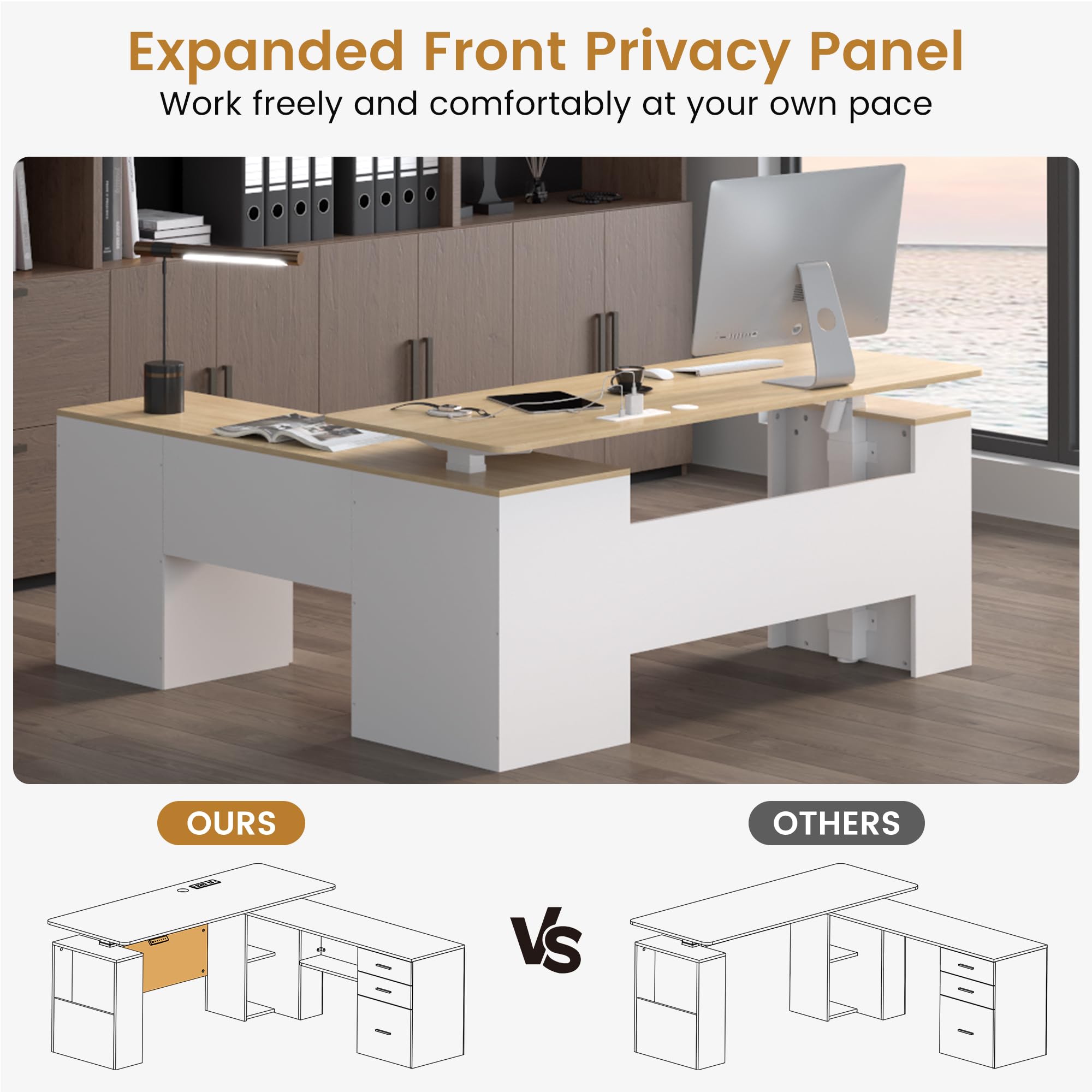 L-Shaped Electric Standing Desk with Storage & Privacy Panel