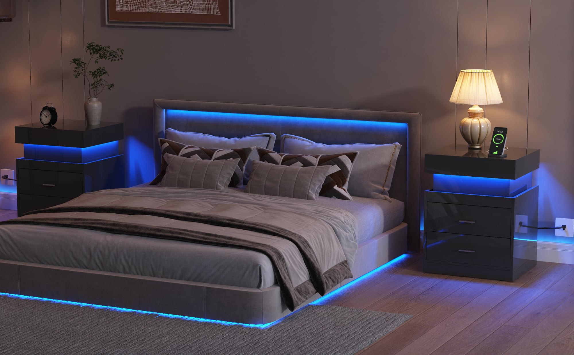 LED Nightstand with Charging Station & 2 Drawers