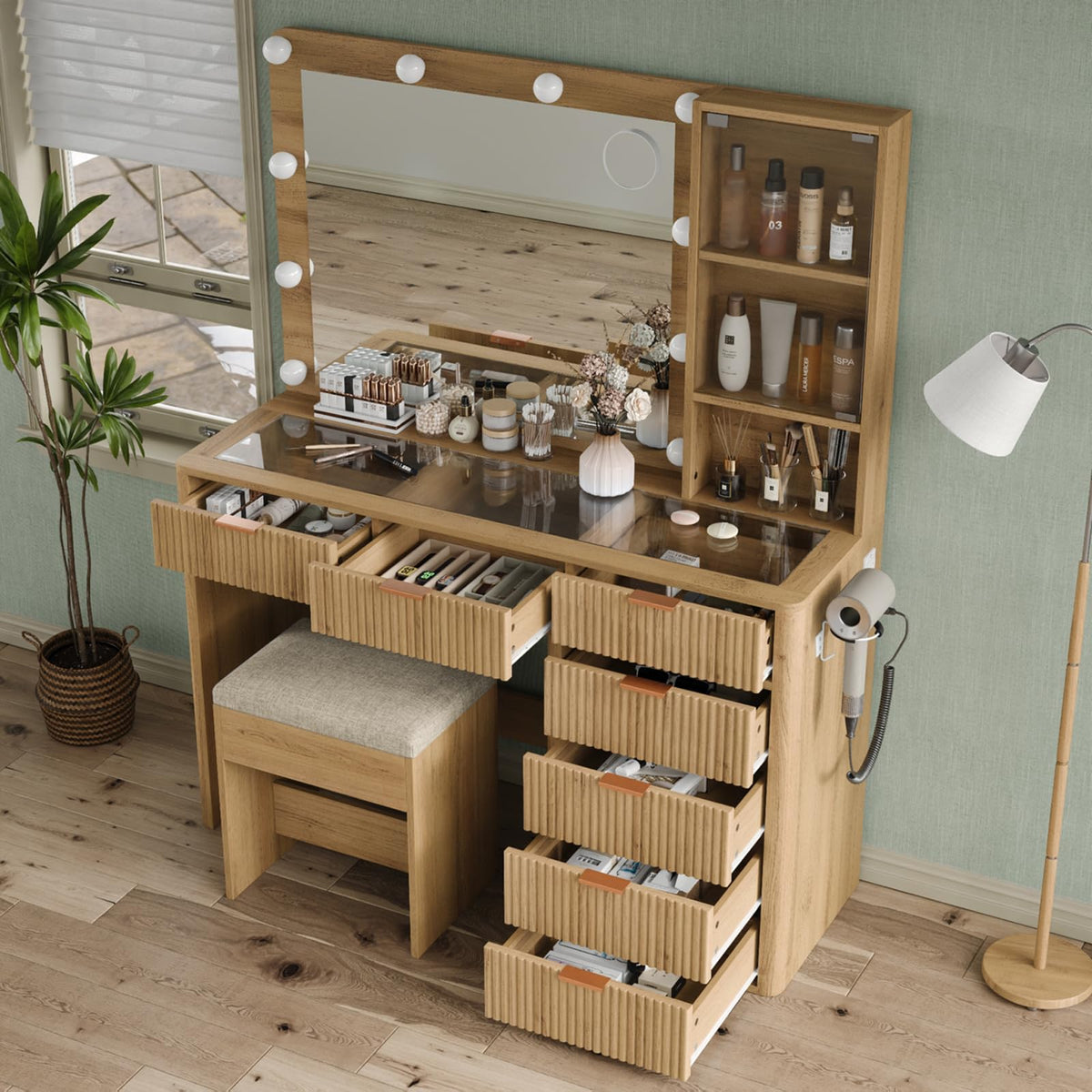 Fluted Makeup Vanity with LED Mirror
