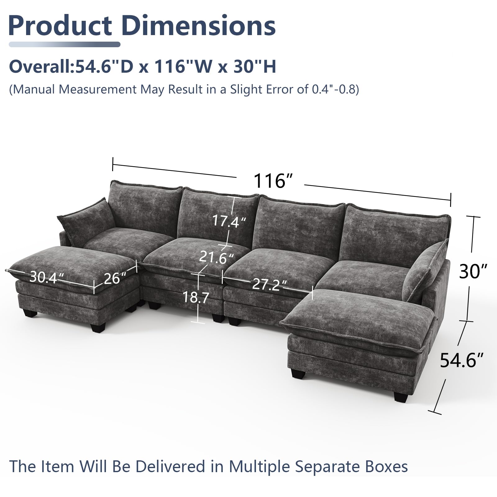 OhaiAura U Shaped Modular Sectional Sofa, Cloud Couch with Movable Ottoman, Comfy Chenille Sofa with Pillows for Living Room, Bedroom, Apartment, Dark Gray