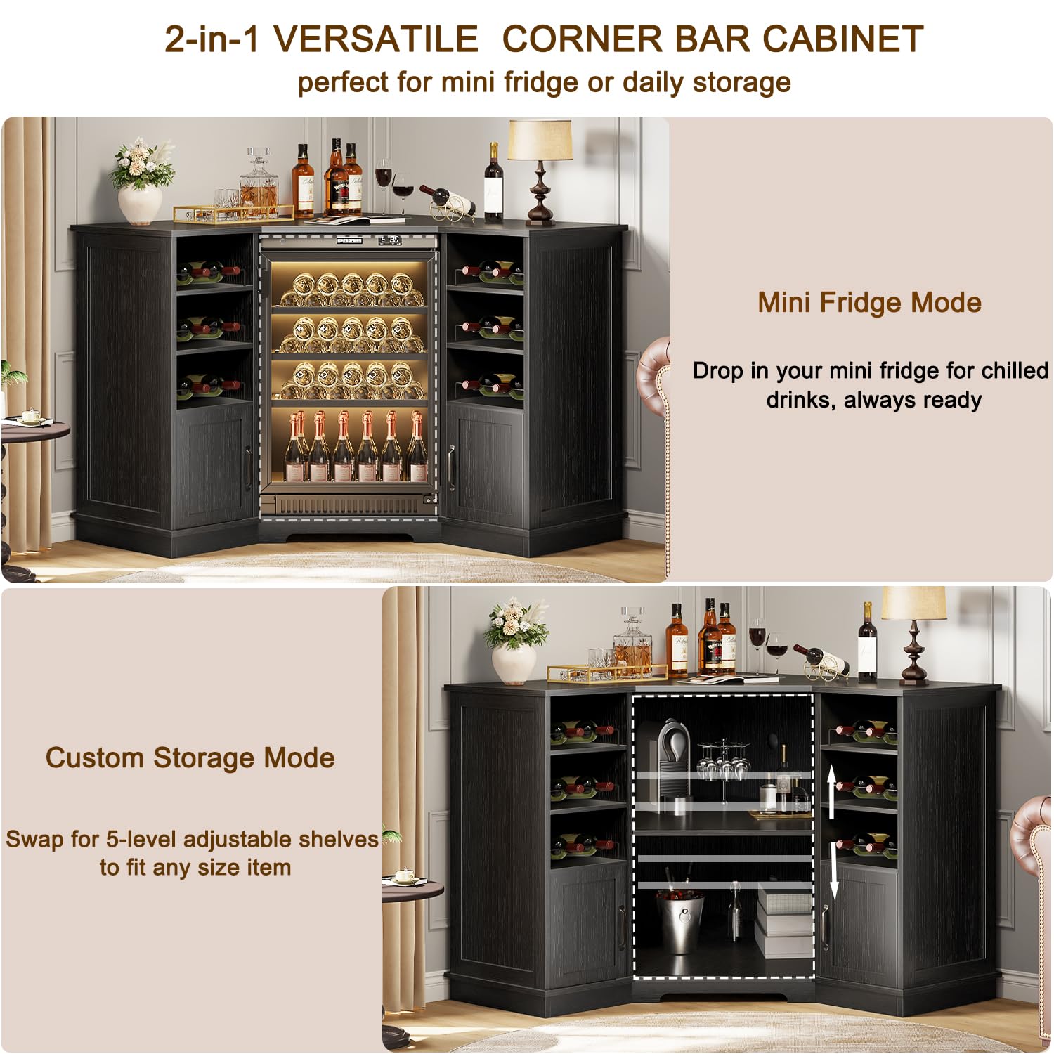 HSH Corner Bar Cabinet with Mini Fridge Space, Modern Wood Bar Cabinet with Wine Racks & Storage Doors, Large Liquor & Wine Cabinet for Kitchen Living Room Home Bar, Black Oak, 40 Inch