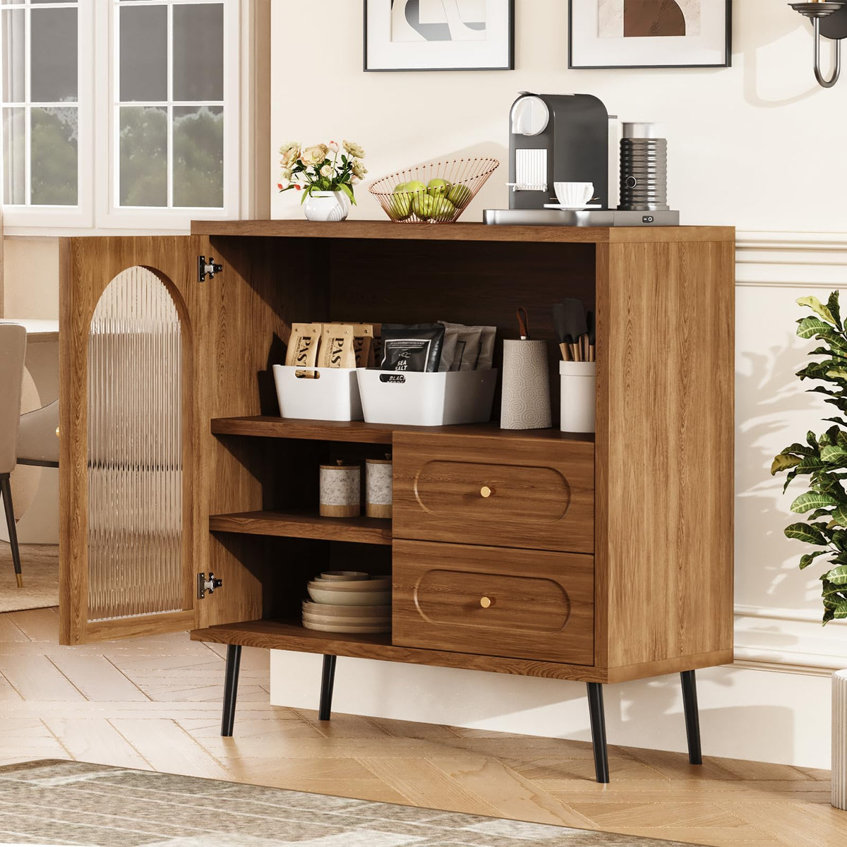 Regmuse Wood Sideboard Cabinet - Slim Buffet Cabinet with Storage & Drawers