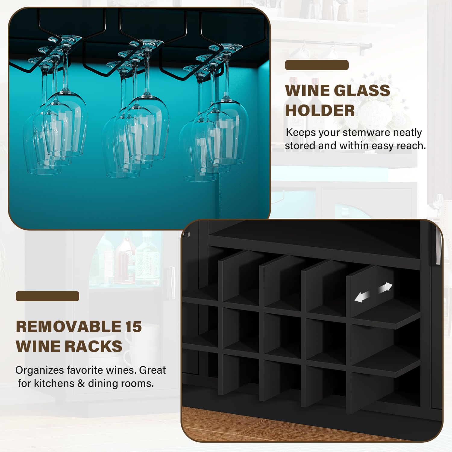 knoworld Wine Bar Cabinet 54'', Black Coffee Bar Cabinet with LED Lights and Outlet, Liquor Cabinet with Wine Rack & Glass Holder, Sideboard Buffet Cabinet for Dining Room, Kitchen