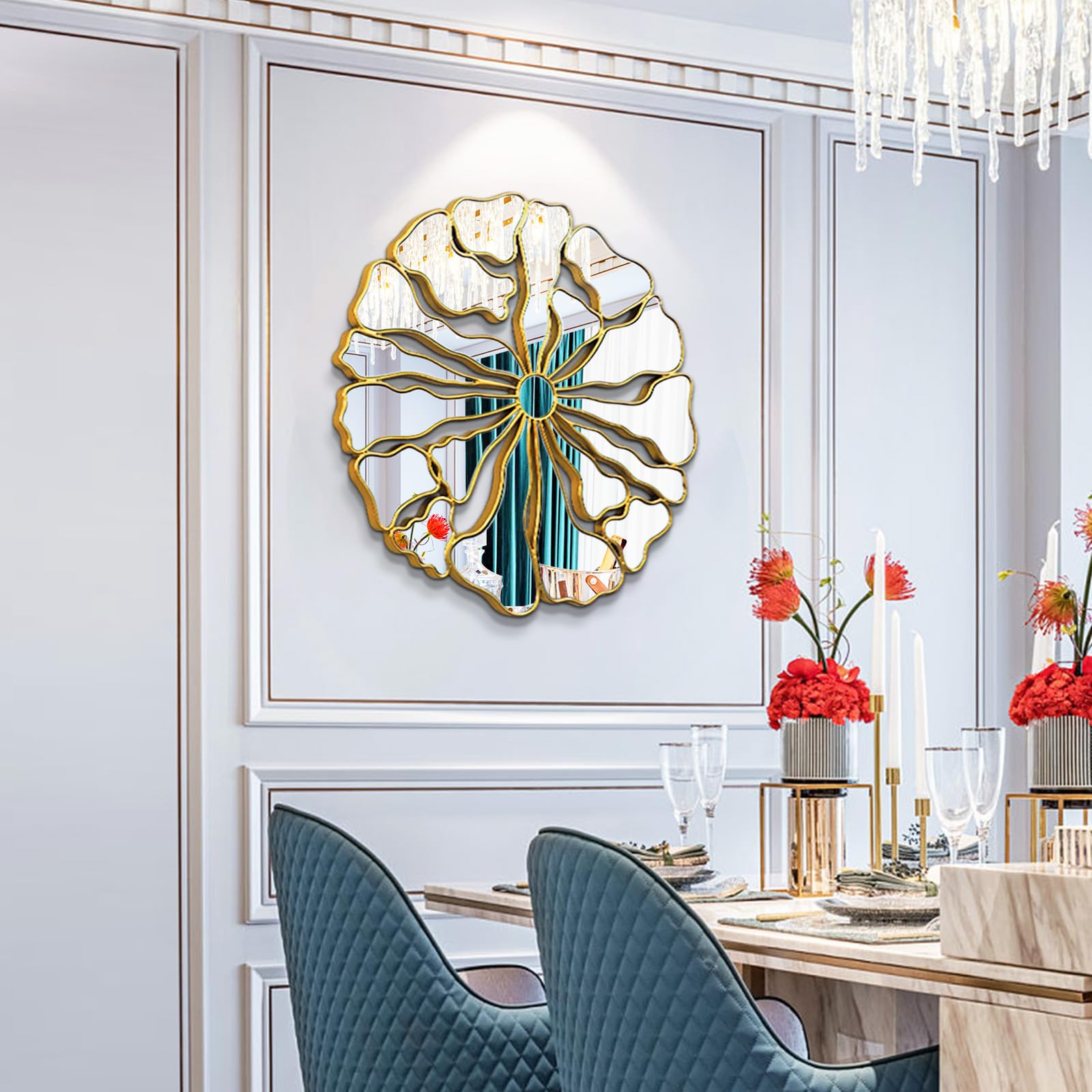 32" Round Floral Gold Wall Mirror