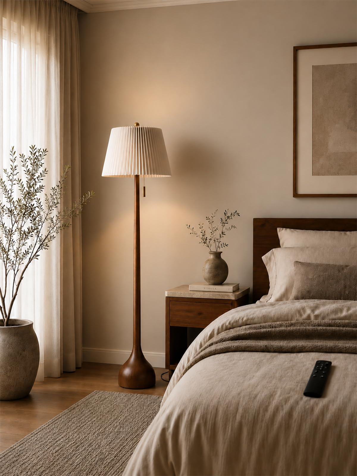 MOFFE 65" Mid Century Real Wood Floor Lamp with Remote, Sculptural Standing Lamp with Teardrop Base & Wooden Pull Chain, Dimmable with Adjustable Color Temperature & Timer (Bulb Included)