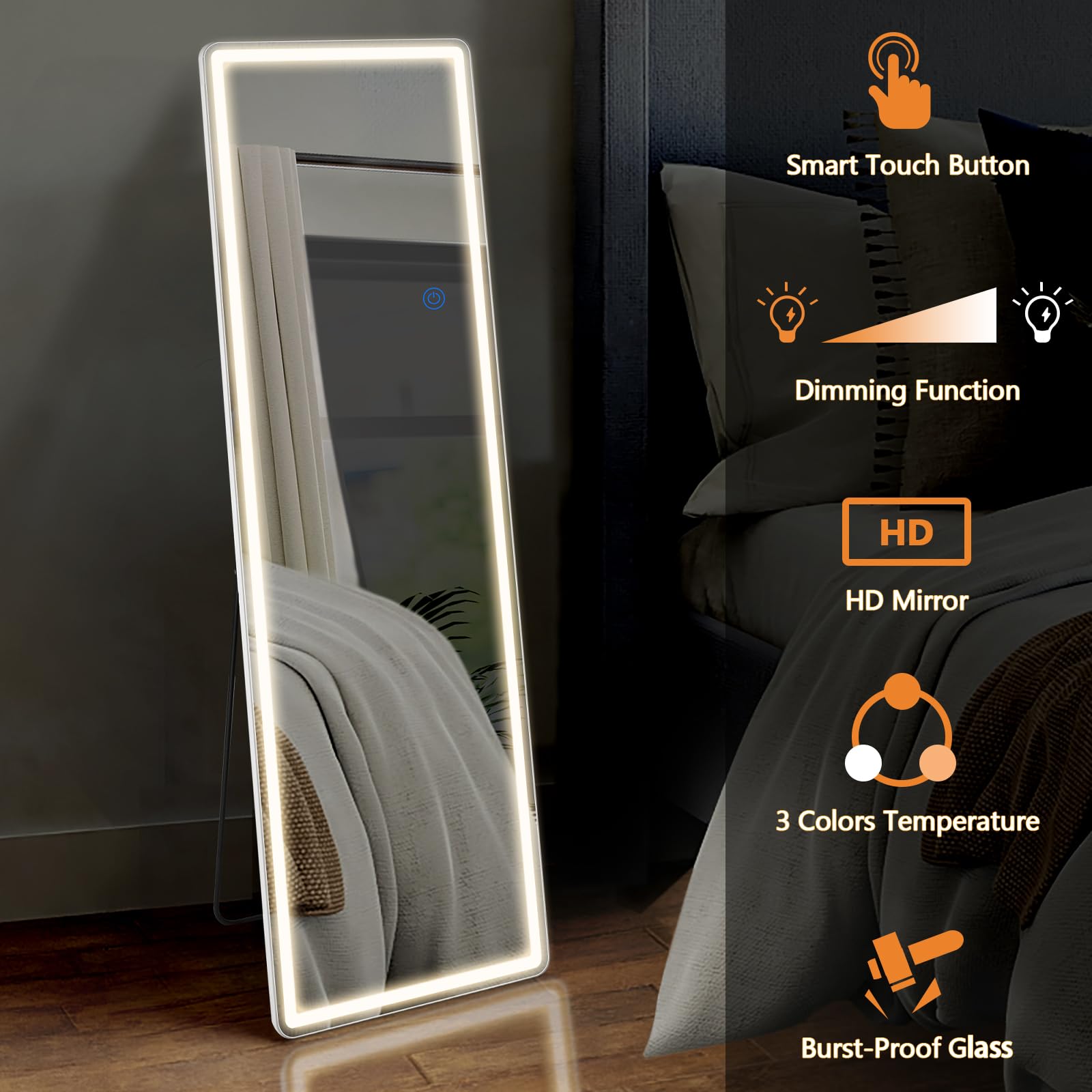 LED Full Length Floor Mirror with Dimming & 3-Color Lighting