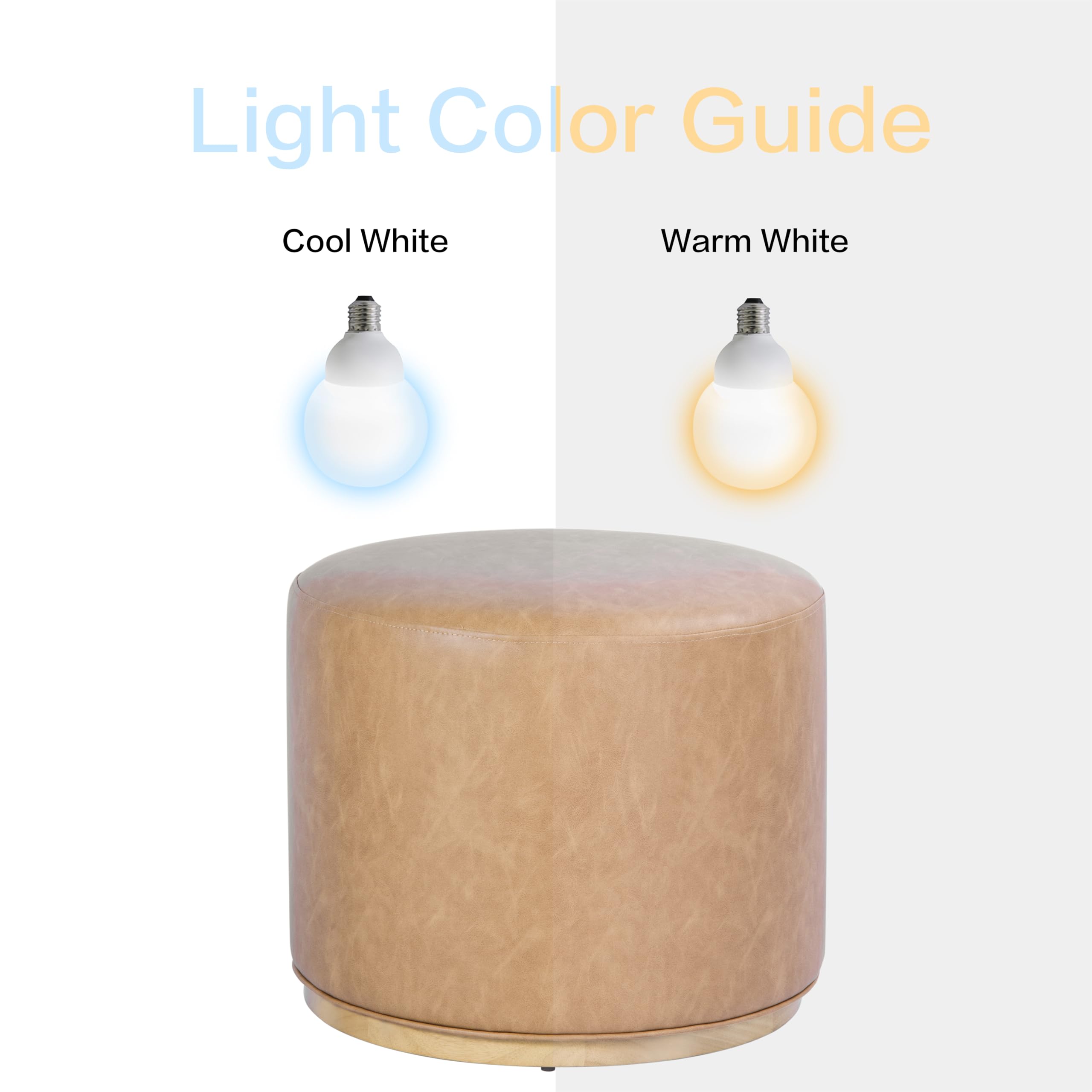 Spatial Order Faux Leather Ottoman with Wooden Base – 22” Round Upholstered Footrest, Sand Faux Leather, Modern Accent Stool for Living Room & Bedroom