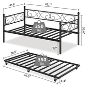 GarveeHome Daybed with Trundle Bed, Twin Size Day Bed with Floral Headboard, Metal Sofa Bed Frame with Pull-Out Trundle, Heavy Duty Steel Slats Supports, for Living Room, Guest Room, Black