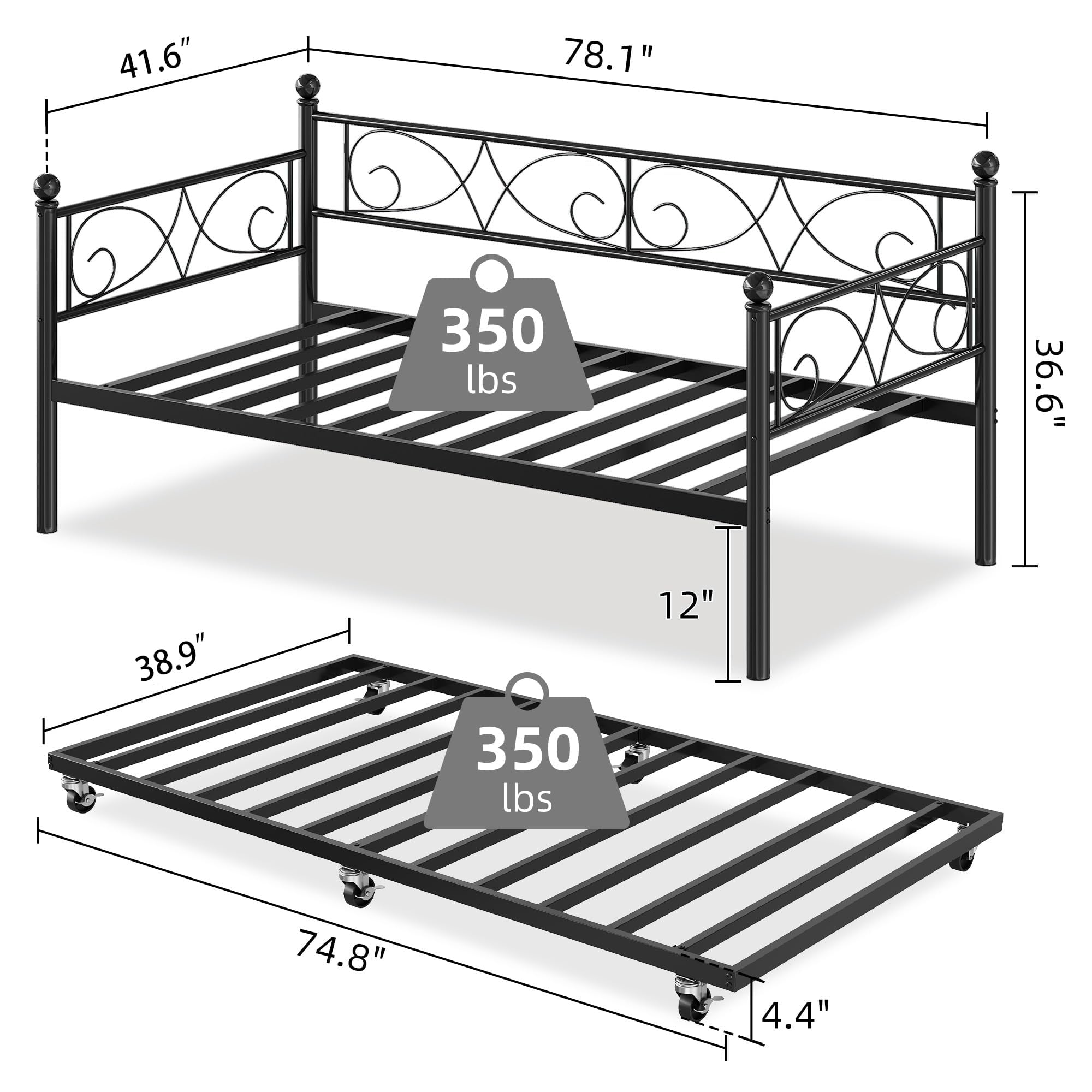 GarveeHome Daybed with Trundle Bed, Twin Size Day Bed with Floral Headboard, Metal Sofa Bed Frame with Pull-Out Trundle, Heavy Duty Steel Slats Supports, for Living Room, Guest Room, Black