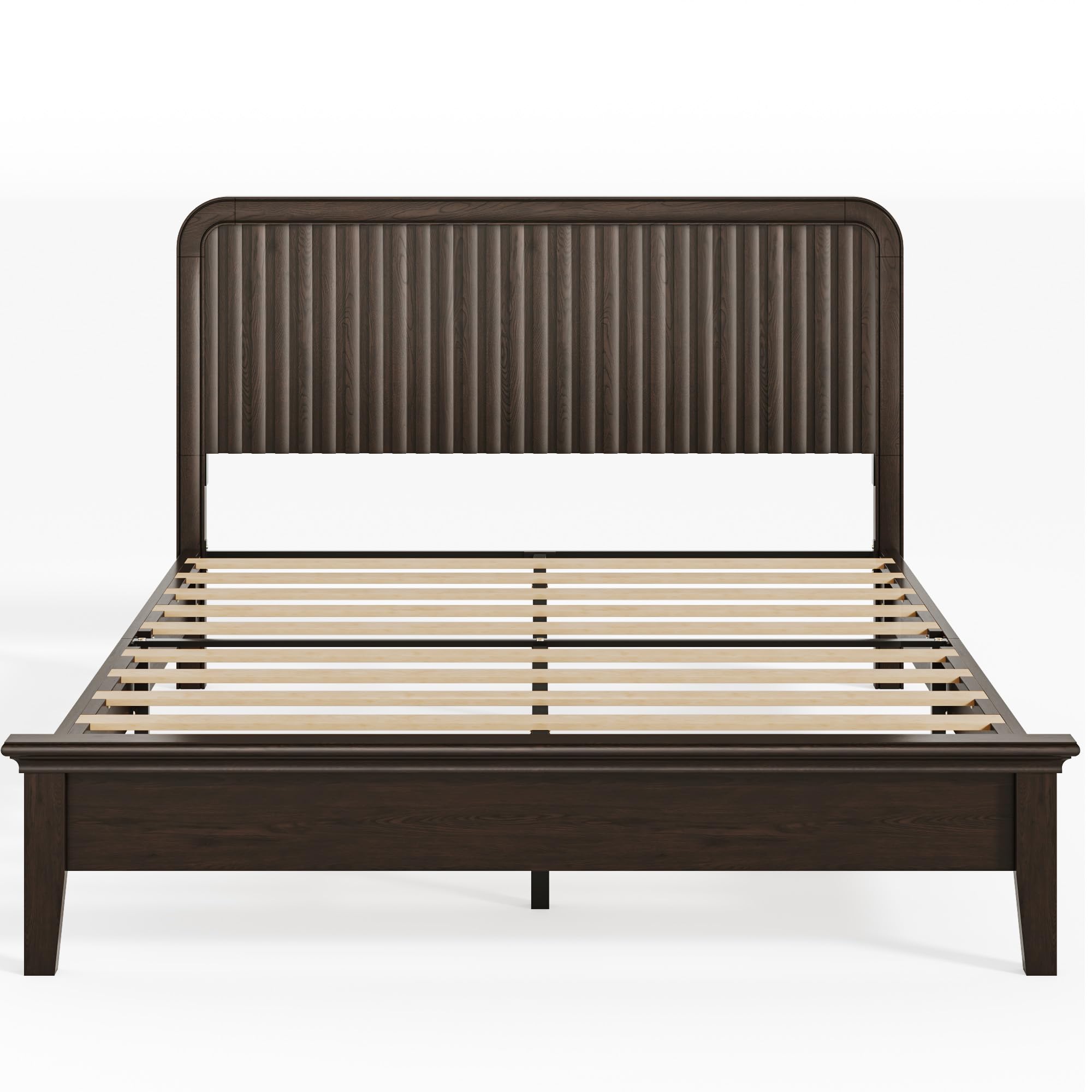Queen Solid Wood Bed with Fluted Headboard