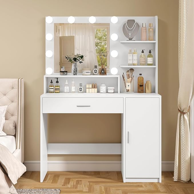9-Drawer Vanity Desk with LED Mirror