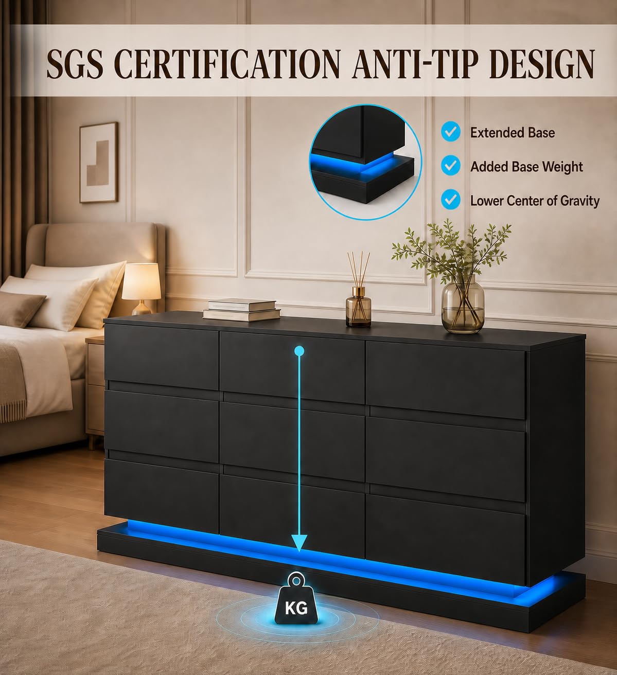 WLIVE 9 Drawer Dresser with LED Light, Dresser with Charging Station