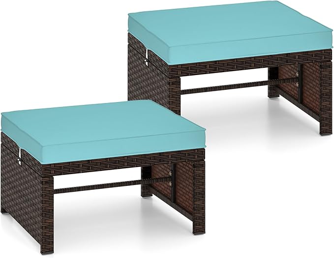 Wicker Outdoor Ottoman Set of 2 with Removable Cushions