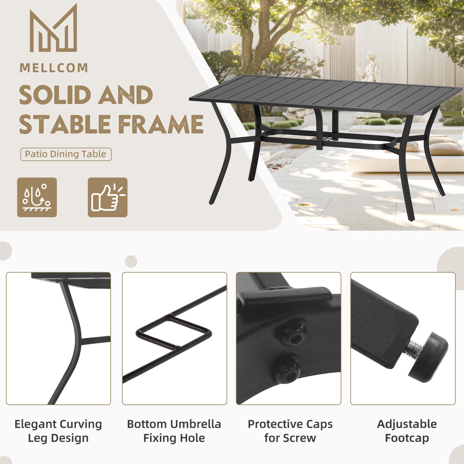 MELLCOM 63''x38'' Outdoor Dining Table for 6, E-Coating Metal Patio Dining Table with 1.57'' Umbrella Hole, All-Weather Black Rectangular Table for Porch, Garden, Backyard, Poolside, Lawn