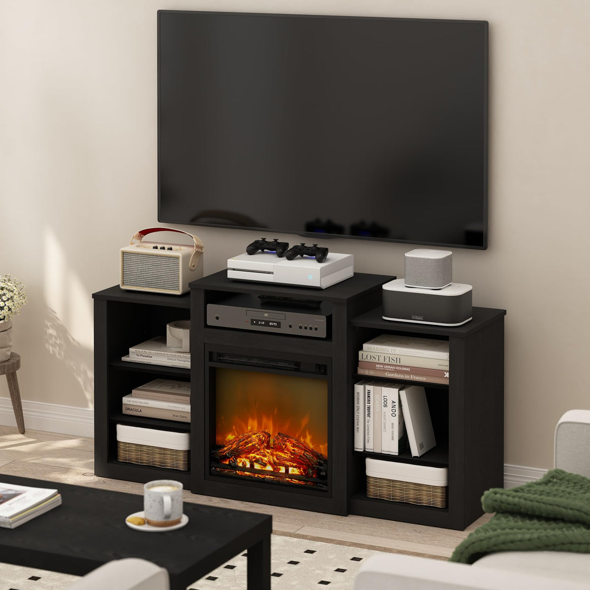 Furinno Jensen TV Stand with Fireplace, Entertainment Center, TV Console for TV up to 55 Inch with Fireplace, for Living Room, Bedroom, Dark Americano