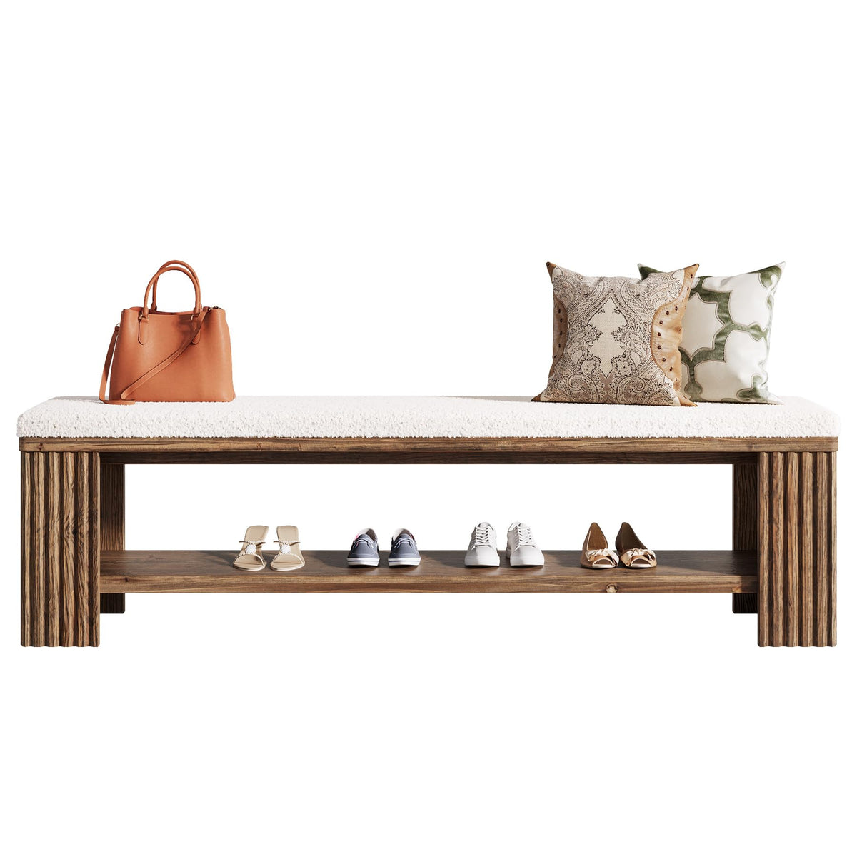 TRIBEWOOD 63" Solid Wood Entryway Bench, Farmhouse Upholstered End of Bed Bench with Removable Faux Lambswool Cushion and Fluted Legs, Indoor Long Ottoman for Bedroom, Entryway, Dark Brown